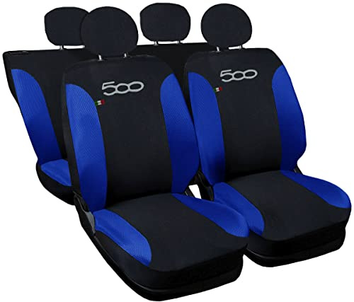Lupex Shop 500_N.Br All Sitzbezüge kompatibel mit 500 | Schwarz Königsblau | Set Sitzbezüge vorne und hinten | gesticktes Logo | Airbag kompatibel | Autozubehör Innenraum
