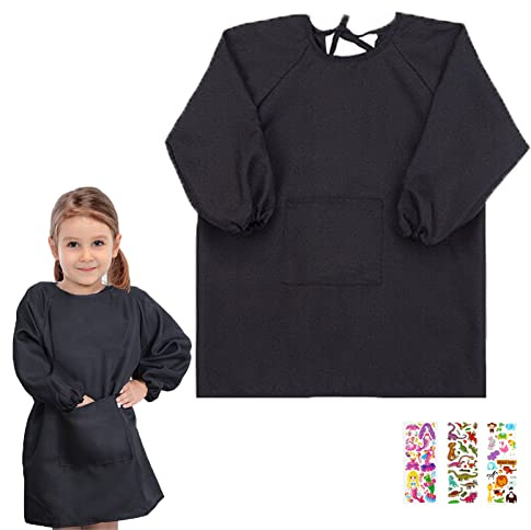 IWTBNOA Kinder Malkittel Schwarz, Kinderschürze mit Ärmel, Malschürze für Kinder, Kinder Kunst Kittel 7~11 Jahre Größe L (Körpergröße 120~140cm), Bastelschürze Kinder für Schule Malen Backen Kochen