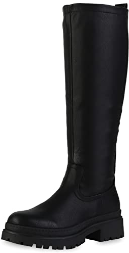 VAN HILL Damen Leicht Gefütterte Plateaustiefel Profilsohle Stiefel Plateau Vorne Schuhe Blockabsatz Freizeit Boots 208730 Schwarz 38