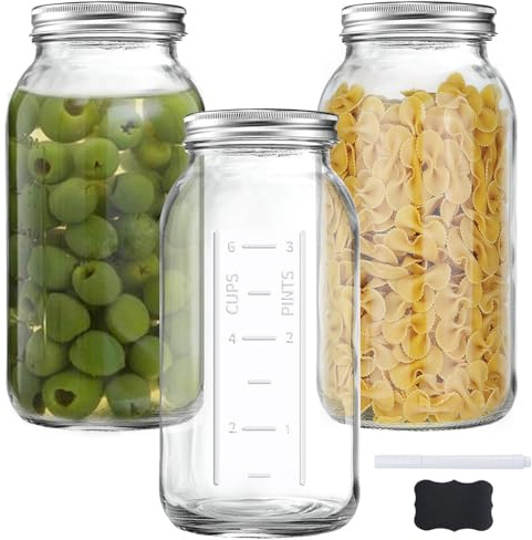 FyndraX 64 OZ Wide Mouth Mason Jars with Lids, Clear Heavy Duty Glass Airtight Storage Canning Jar and Band Half Gallon / 2 Quart Fermenting, Pickling, Storing, Pack of 3