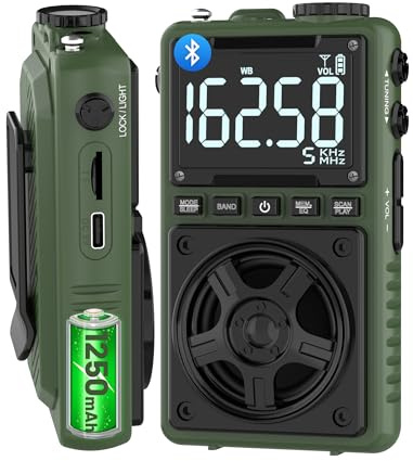 Bluetooth AM FM Shortwave Radio with NOAA Weather Alert,1250mAh Rechargeable Portable Pocket Radio with Best Reception,5W Big Speaker, Digital Tuner and Earphone,Support SD Card and USB MP3 Player