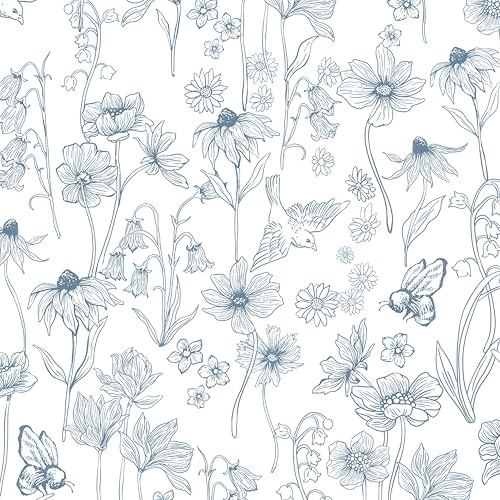 Fiula Self Adhesive Wallpaper Peel and Stick Wallpaper Blue and White Contact Paper 44x300cm Floral Bird Thicken Muster Wall Paper Waterproof Vinyl Wrap for Furniture Retro Bedroom Living Room Cabinet