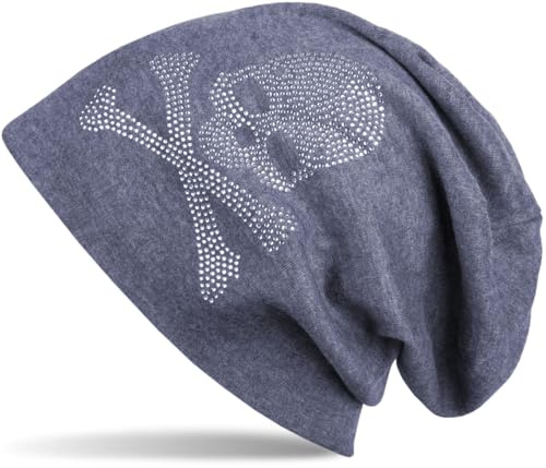 styleBREAKER Klassische Beanie Mütze mit Totenkopf Strass Applikation, Unisex 04024034, Farbe:Jeansblau meliert, Materialart:warm