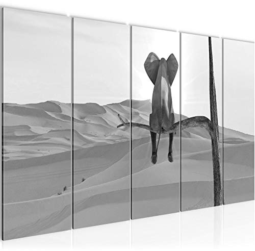 Runa Art Wandbild XXL Afrika Elefant Wohnzimmer Schlafzimmer 200 x 80 cm Schwarz Weiss 5 Teilig - Made in Germany - 002055c