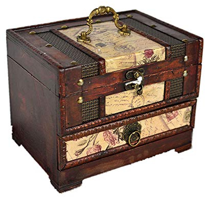 LEENP Retro Hölzern Handgefertigt Schmuckkasten, Schmuckkoffer mit Schubladen und Schminkspiegel, für Ringe, Armbanduhren, Ohrringe, Halsketten, Schmuck Schatullen Zubehör Schmuckschatulle,A