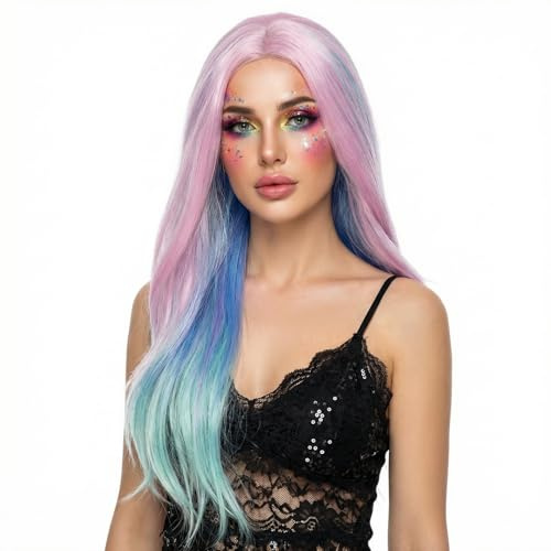 Rosa Grün Frauen Perücken Lange Gerade Schicht Kunsthaar Damen Cosplay Anime Kostüm Party Karneval