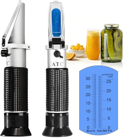 Dubbel skala (2 i 1) Brix salinitet refraktometer, V · återställande 0–32 % brix/0–28 % salthalt med ATC för mätning av socker och salthetsrelaterade vätskor som soppa, sojasås, ketup etc.