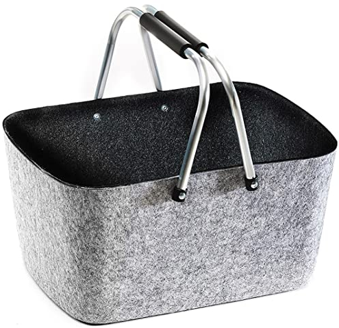 Kobolo Filzkorb Einkaufskorb Korb groß - Klappbügel - Filz - grau schwarz - 42x30x22 cm
