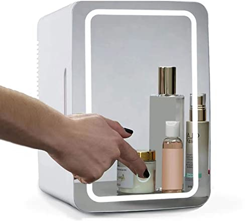 Yadlan Mini Réfrigérateur Cosmétique avec Miroir 8L Petit Frigo Beauté de Chambre avec Lumière LED Tactile AC/DC Refroidisseur et Réchauffeur Portable pour Voiture Bureau Maison(Color:Blanc)