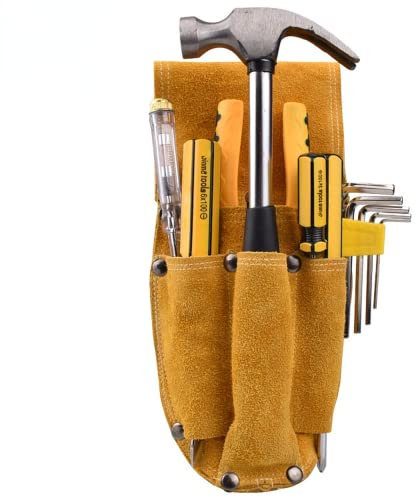 SSDH Leather Electric Drill Belt Bag Screw And Hammer Storage Bag Multi-Pocket Tool Bag Cowhide Rivet Tool Bag Belt Suitable For Builders Carpenters Gardeners Electricians (B-curved bag)