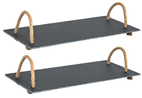 Argon Tableware Slate Serving Tray with Rope Handles - 40 x 20cm - Pack of 2 - Natural Slate Serving Platter Bread Cheese Board for Restaurant Appetizers, Snacks, Lunch, Dinner