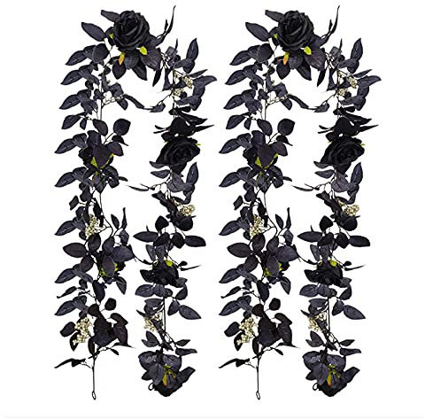 Fofetbfo 2 Stück 180 cm Halloween Rose Girlande, künstliche Schwarze Rose Girlande mit schwarzen Blättern und goldenen Beeren, künstliche Rose Ranke hängende Blumengirlande für Thanksgiving Dekor