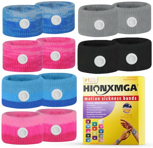 HIONXMGA 6 Pairs Travel Sickness Bands for Motion Nausea Relief – Acupressure Wristbands for Car, Boat, Flight & Morning Sickness – Reusable & Comfortable Travel Essentials for Adults & Kids