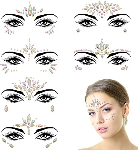 SPOKKI 6 Glitzersteine Gesicht Festival Edelstein Temporäre Tattoos Wasserdicht Temporär Strass Aufkleber, Glitzer Gesicht Strasssteine, Festival Accessoires für Fasching Musikkarneval Party Make-up