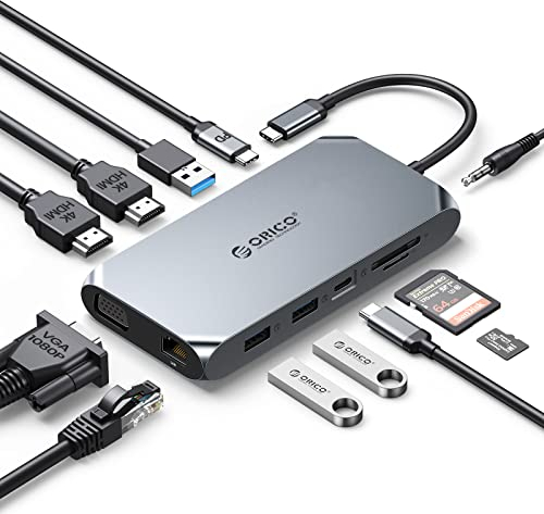 USB HUB Docking Station, ORICO 12 in 1 Adattatore USB C, con Dual 4K HDMI, 100 W Power Delivery, 1 Gbps Ethernet, 3 porte dati USB 3.0, lettore di schede SD e microSD, 1080P VGA, audio 3,5 mm