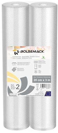 2 Vakuumier-rollen (20 cm x 3 meter) für alle Arten von Haushaltsverpackern, FoodSaver, Silvercrest, Lacor, Caso, Tre Spade, etc.