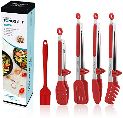 5-Pack Kitchen Tongs for Cooking with Silicone Tip,13 Inch,with Oil Brush | 600℉ Heat-Resistant,Non-Stick,Stainless Steel Tongs for Spaghetti,Pasta,Steak,Salad,BBQ,Pie,Pizza,Buffet,Serving Food(Red)