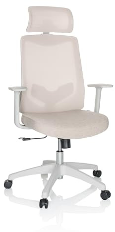 hjh OFFICE Bürostuhl MIKEO W Stoff Drehstuhl mit Lordosenstütze, Kopfstütze höhenverstellbar, Netzrücken, Beige 751011