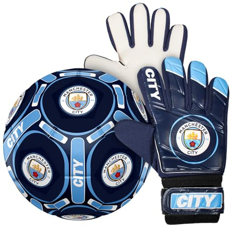 Manchester City FC Official Size 4 Football & Youths Goalkeeper Gloves Gift Set