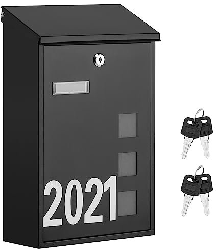 LAND·VOI Wall Mounted Mailbox with 4 Keys, Post Box for Wall and Fence, Viewing Windows, Nameplate, Easy to Install, 3.94 x 9.8 x 15.6 Inches, Large Capacity, Includes Mailbox Numbers, Matt Black