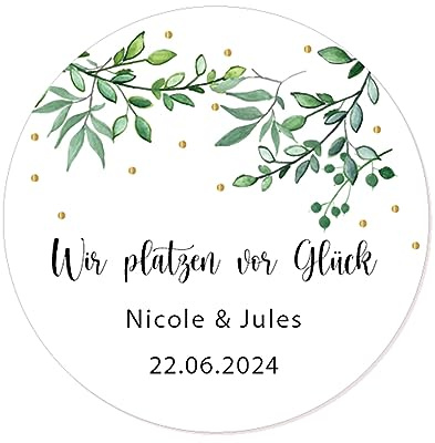 50 Wir platzen vor Glück Aufkleber PERSONALISIERT Hochzeit Sticker 40mm rund Gastgeschenke Etiketten - Rd 665 (003)
