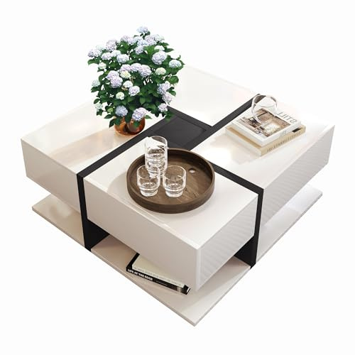 HAINEW Modernt soffbord, kvadrat, funktionellt bord med 4 lådor och nedre förvaringsutrymme, vardagsrumsbord, kaffebord, sidobord av trä (vit – högglansigt)