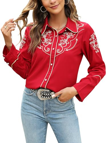 Vackutliv Chemisier Western pour Femmes, Cowgirl Sexy, habillée, Manches Longues, Noir, brodé, boutonné, Bordeaux, XX-Large