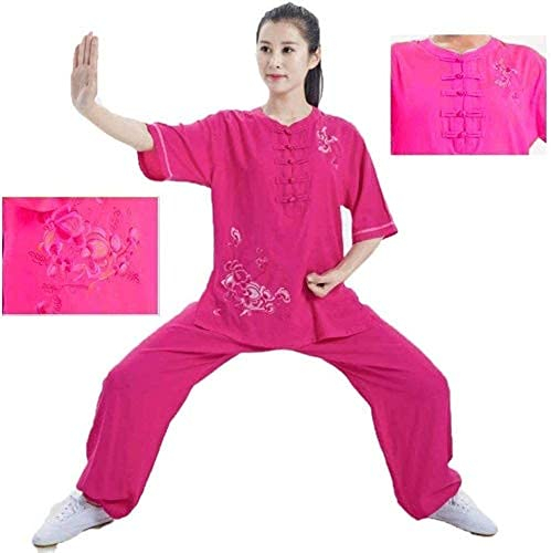 RWRAPS Vier-Jahreszeiten-Tai-Chi-Uniform-Set, Kampfsportanzug Damen-Tai-Chi-Kleidung, bestickte kurzärmelige Sommer-Leinen-Übungskleidung (rot, XXL)