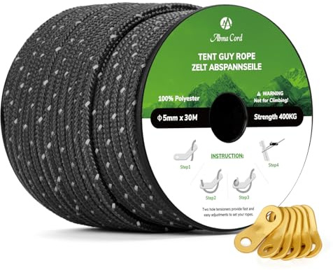 Abma Cord Campingrep 5mm 30M Tältspännlinor Reflekterande med 6St spännare | Camping, Tent, Markis, Gazebo