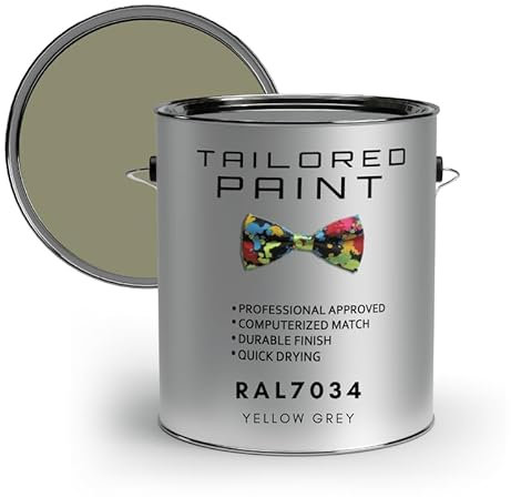 Tailored Paint Vernice su misura per porte e finestre in PVC 1K a pennello o spray con finitura lucida RAL7034, barattolo di alluminio da 2500 ml (2,5 l) grigio giallo