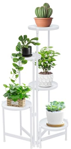 Begoniape 5-Tier Pflanzenständer, Metall Blumenständer Faltbar Blumenregal Pflanzenregal Abnehmbar, Moderne Stil Dekoration Pflanzentreppe für Balkonen, Terrasse, Blumenläden (Weiß)