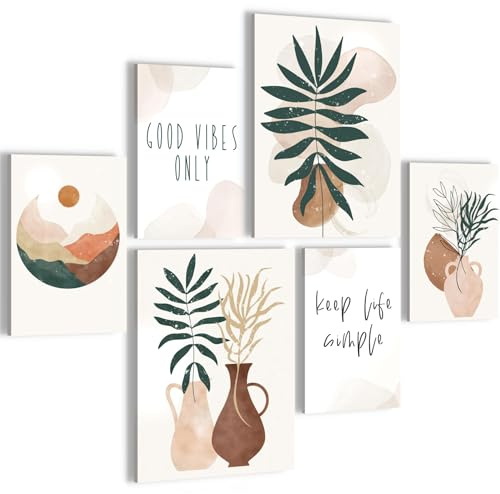 Novart Wandbilder Set Boho Style Pflanzen Beige Grün - KEIN EXTRA RAHMEN BENÖTIGT - Modern Deko - Wohnzimmer Schlafzimmer Flur N036363a