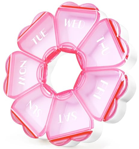 FHORAIN Runde herzförmige Pillenbox mit 7 großen Fächern für die Woche, reisefreundlich, Vitamin-Organizer (Transparentes Rosa)