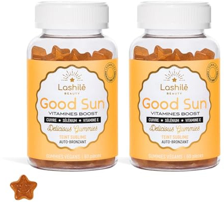 Lashilé Beauty - Complementos Alimenticios - Autobronceador, preparador y tono bronceado - Good Sun Vitamines - Eficacia probada - Fabricado en Francia - Vitaminas E y A, Betacaroteno - 120 Gummies