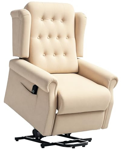 HOMCOM Power Lift Recliner Chair, Wingback Button Tufted Electric Lift Chair for Elderly, Fabric Riser and Reclining Armchair with Remote Control, USB Ports, Side Pockets, for Living Room, Beige