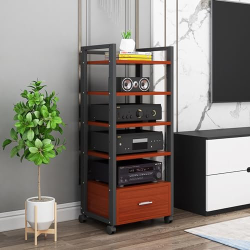 5-Tier Movable Audio Tower AV Media Stand CD Player Stand Stereo Component Storage Cabinet and Open Media Center with Height Adjustable Wooden Shelf a(C-50X40X120CM)