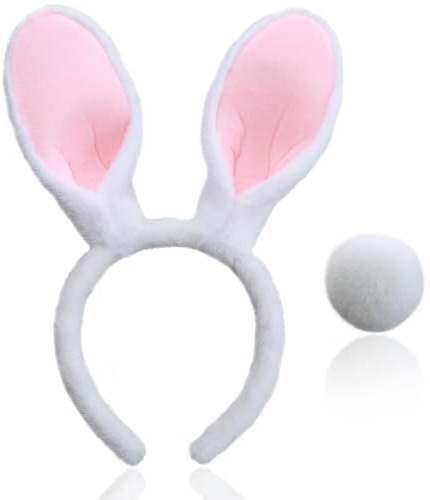 YUSHWENPTY Orejas y Cola de Conejo, 2 Piezas Diadema con Orejas de Conejo Cosplay Conejita Orejas Conejo Disfraz para Pascua Fiesta del Conejito (Blanco)