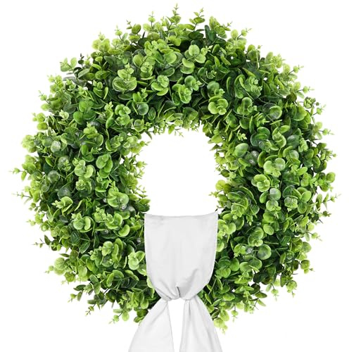 Vlorart 24 Inch Artificial Boxwood Wreath, Front Door Spring Summer Wreaths Large Greenery Wreath with Sash for Farmhouse Wedding Year Round Indoor and Outdoor