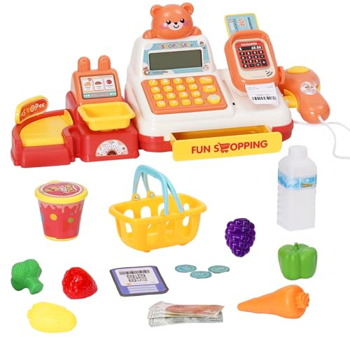 Toy Cash Register, 24 Pcs Pretend Play Playset with Scanner, Calculator, Weighing Machine. Includes Grocery Food, Fruit & Vegetable, Pretend Play Money - for Toddlers and Kids