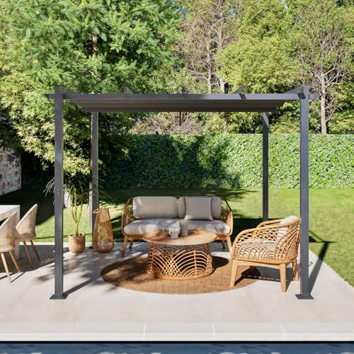 Avril Paris Tonnelle Pergola Aluminium 3x3 m Anthracite - Toile en 100% Polyester Coulissante Rétractable Grise - Pergola Jardin Exterieur - Résistante aux UV – Toile Densité 180 g/m2 - BERCY