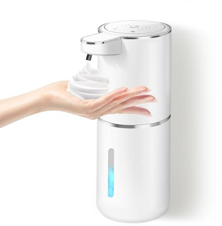 Dalugo Automatic Foam Soap Dispenser, 380ml Rechargeable Touchless Wall Mounted Soap Dispenser with 4 Adjustable Levels, IPX5 Waterproof for Kitchen and Bathroom (White)