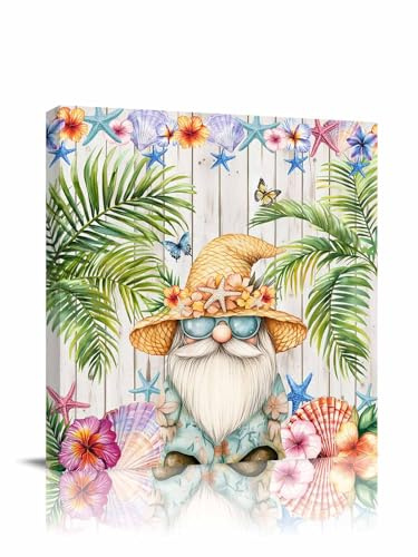 Dwarf Seaside Shell Starfish Canvas Wall Art 16x16in, Stretched and Framed Canvas Painting Artwork, Palm Tree White Wood Grain Modern Wall Art for Living Room Bedroom Decor