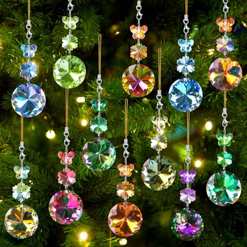XIMISHOP Lot de 12 boules de cristal ornements arc-en-ciel de 30 mm pour sapin de Noël, boules en verre de cristal prismatique de Noël pour décorations suspendues de sapin de Noël, décorations