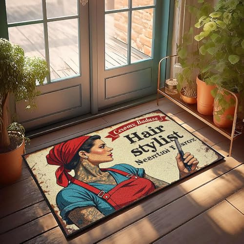 XYBH Funny Door Mats For Outside Entry Vintage Hair Salon Poster With Stylish Woman Holding Scissors. Doormat Outdoor Bar Accessories Decor Outdoor Spring Rug(50X80CM)