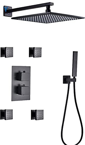 Système de douche thermostatique avec pomme de douche à effet pluie de 40,6 cm, pulvérisateur à main et jets corporels – Ensemble combiné noir moderne pour baignoire et douche, type B