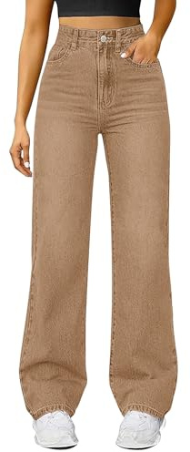 Straight Leg Jeans for Women UK High Waisted Wide Leg Microelastic Denim Trousers Comfy Casual Loose Fit Boyfriend Pants Y2K Streetwear Vintage Jean Khaki