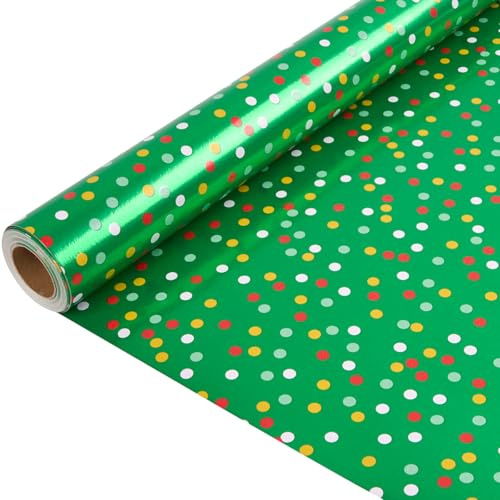 Rollo de papel de regalo navideño de 10 m x 43 cm, estampado verde con lunares multicolores para decoración de regalos de cumpleaños y Navidad.