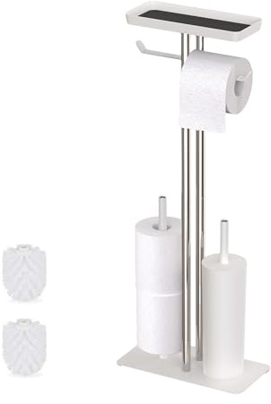 Relaxdays Toilet Set, Stainless Steel, Shelf & Roll Holder, Freestanding, 3 in 1, HBT: 77 x 30 x 15 cm, Toilet Butler, White