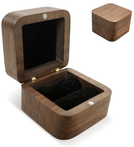 Wanheart Holz Ringbox – Mini Verlobungsring Halter Box aus Walnussholz, Handgefertigte Schmuckbox für Hochzeit, Verlobung und tägliche Aufbewahrung