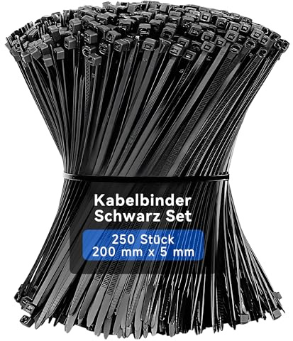 Lamondre kabelbinder schwarz 200mm x 5mm, 250 Stück kabelbinder wiederverschließbar, 22 kg Zugfestigkeit, Nylon UV-Beständig für Werkstatt, Elektroinstallation, Haushalt, Garage und Gartenarbeit